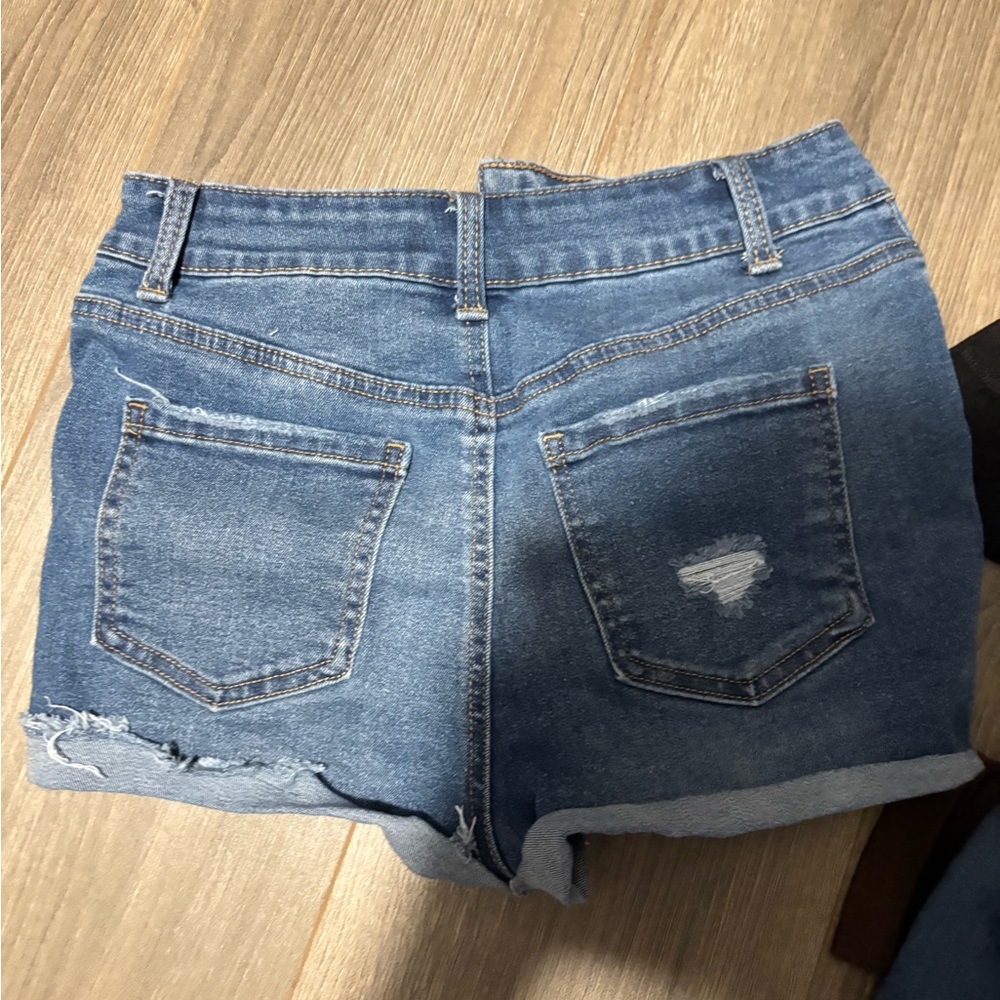 Blue Jean Shorts with Cuffed Hems and Distressed Look